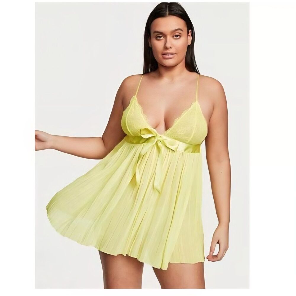 Victoria's Secret Citron Pleated Babydoll Lace Nightie Chemise Lingerie Small